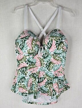 Unique Vintage Womens 2x Peplum Underwire Pin Up Tankini Green Palm Leaves